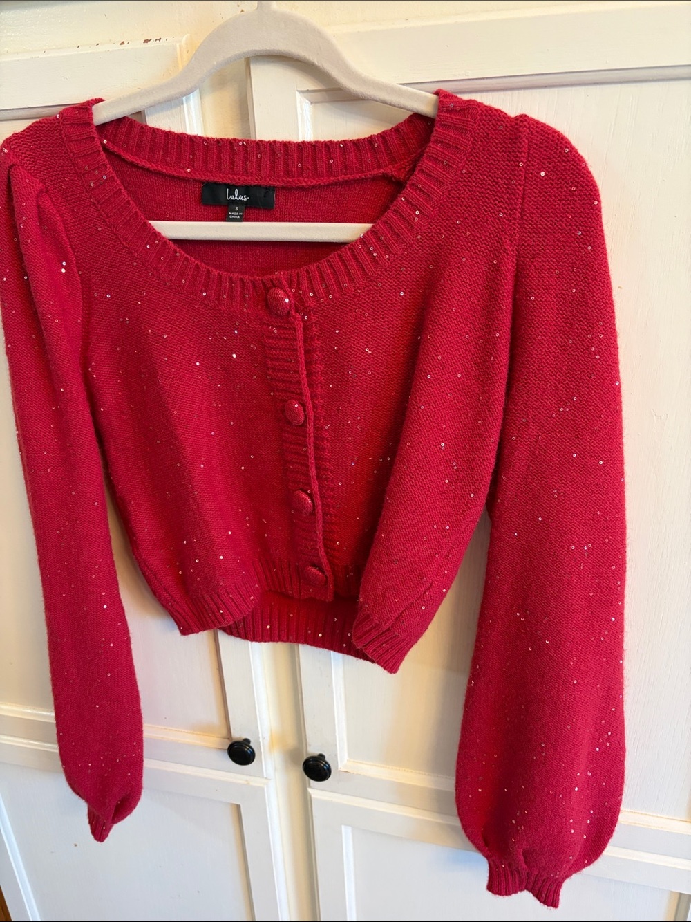 LulaRed Sequin Cropped Cardigan Sweater - Red Size Small